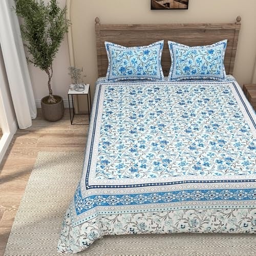 EasyGoods® Pure Cotton Ethnic Jaipuri Printed Double Bedsheet with 2 Pillow Covers | Soft & Breathable 240 TC Fabric | Traditional Rajasthani Design for Elegant Home Decor (Azure Blue) - Image 2