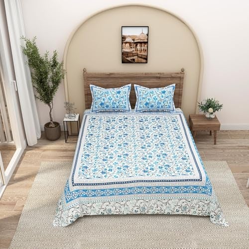EasyGoods® Pure Cotton Ethnic Jaipuri Printed Double Bedsheet with 2 Pillow Covers | Soft & Breathable 240 TC Fabric | Traditional Rajasthani Design for Elegant Home Decor (Azure Blue) - Image 1