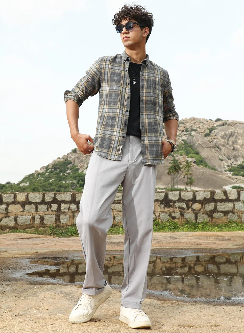 Campus Sutra Campus Sutra Men's Coin Grey Tartan-Woven Regular Shirt | Button-Down Collar , Long Sleeve Cuffed Sleeves , Button Closure | Plaid Plaid | Cotton-Blend Shirt For Casual Wear