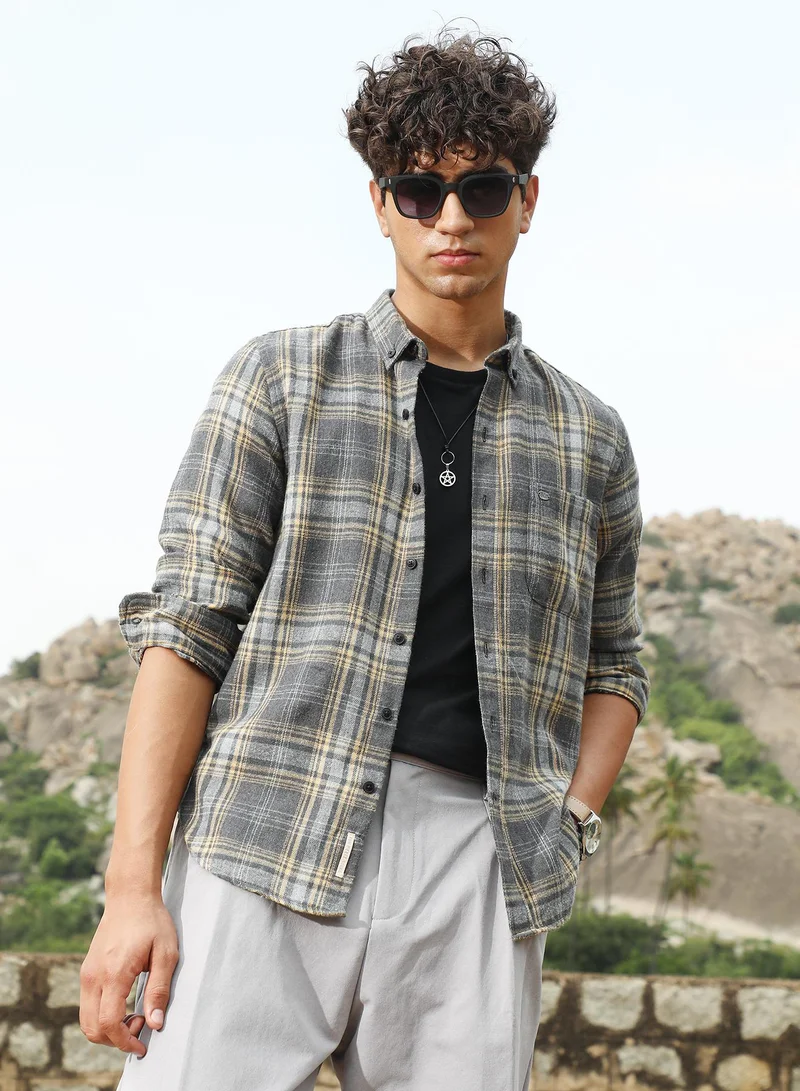 Campus Sutra Campus Sutra Men's Coin Grey Tartan-Woven Regular Shirt | Button-Down Collar , Long Sleeve Cuffed Sleeves , Button Closure | Plaid Plaid | Cotton-Blend Shirt For Casual Wear