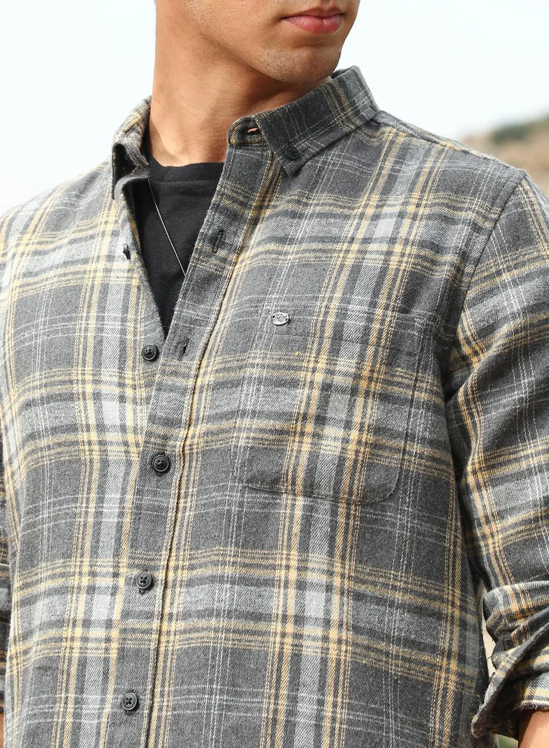 Campus Sutra Campus Sutra Men's Coin Grey Tartan-Woven Regular Shirt | Button-Down Collar , Long Sleeve Cuffed Sleeves , Button Closure | Plaid Plaid | Cotton-Blend Shirt For Casual Wear