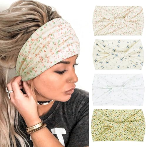 Huachi 4 Packs Wide Headbands for Women Knotted Non Slip Fashion Cute Floral Printed Head Bands for Women’s Hair Large African Bandana Boho Hairbands Yoga Running Sports Workout Thick Turban Hair Accessories - Image 1