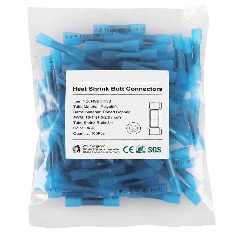 VAMRONE Heat Shrink Butt Connectors, 200Pcs 16-14 AWG Blue Insulated Waterproof Electrical Wire Connectors Automotive Marine Grade Wire Crimp Terminals Butt Splices, Ideal for Boat, Truck, Stereo - Image 1