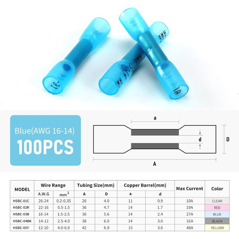 VAMRONE Heat Shrink Butt Connectors, 200Pcs 16-14 AWG Blue Insulated Waterproof Electrical Wire Connectors Automotive Marine Grade Wire Crimp Terminals Butt Splices, Ideal for Boat, Truck, Stereo - Image 2