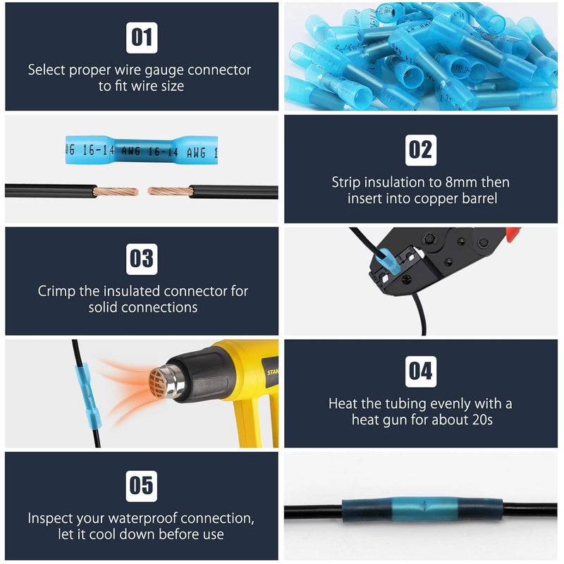 VAMRONE Heat Shrink Butt Connectors, 200Pcs 16-14 AWG Blue Insulated Waterproof Electrical Wire Connectors Automotive Marine Grade Wire Crimp Terminals Butt Splices, Ideal for Boat, Truck, Stereo - Image 5