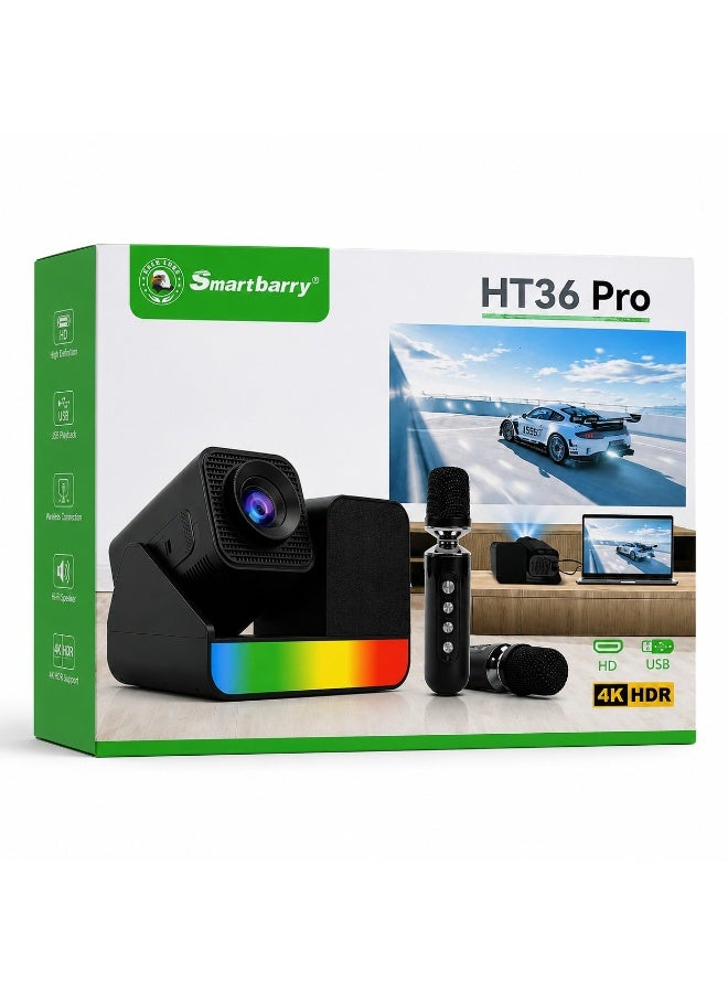 Smartberry HT36 Pro HD Smart Projector with 4K HDR Support, Wireless Connectivity, USB Media Playback, Built-In HiFi Speaker, Portable Home Cinema Projector with 2 Wireless Microphones for Movies, Gaming & Presentations - Image 1