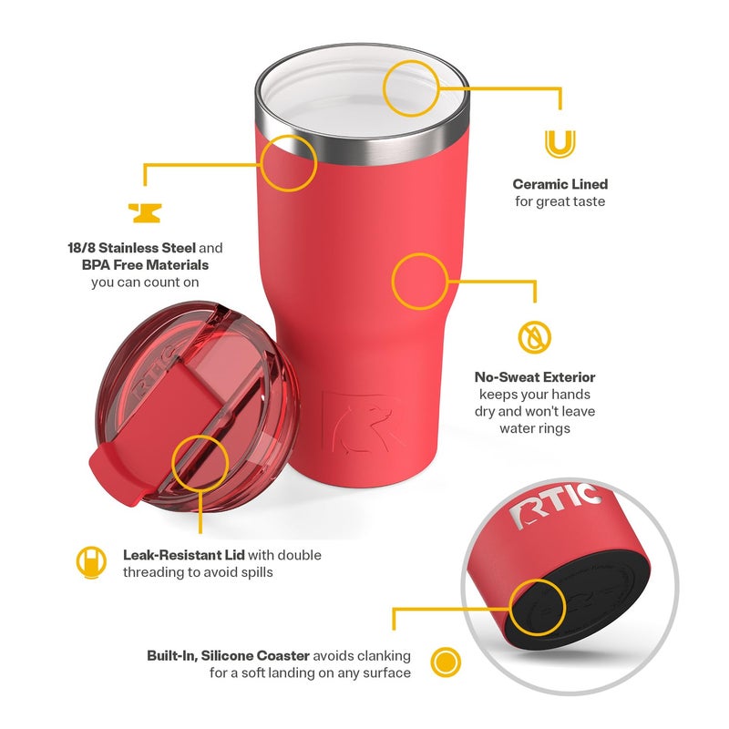 RTIC 20oz Essential Tumbler with Lid, Ceramic Lined, Insulated, Stainless Steel, Metal, Double Wall Vacuum-Insulation, Travel Cup for Iced Coffee, Tea, Hot and Cold Drink, Flag Red - Image 3