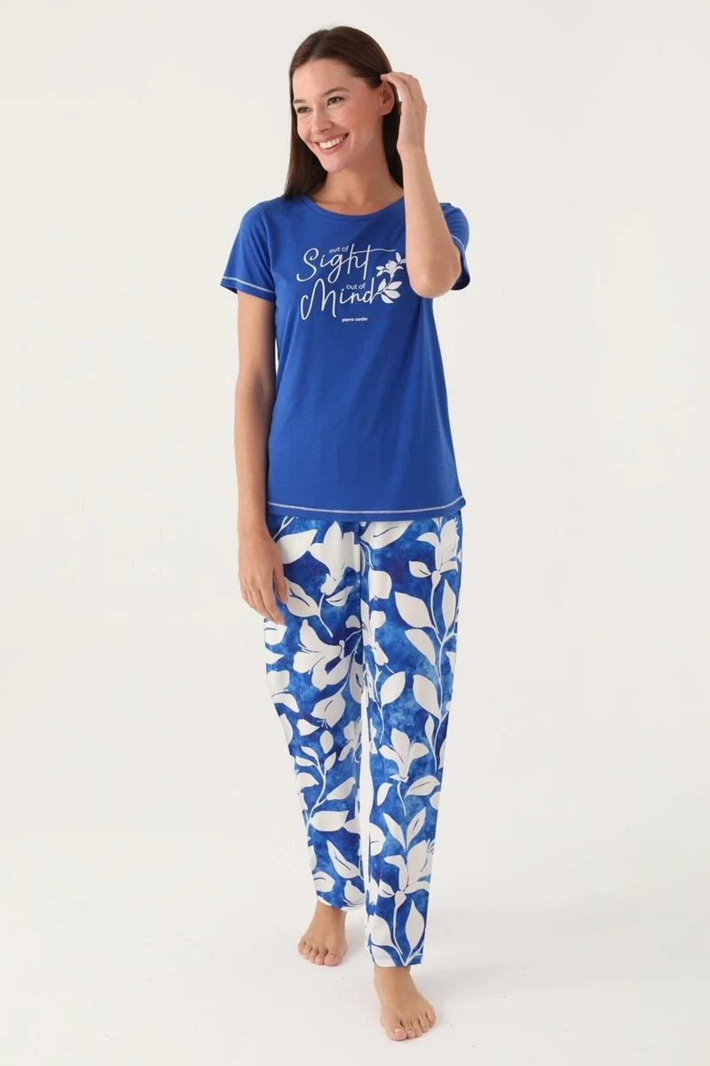 pierre cardin Summer Women's Pajama Set, 100% Cotton, Bottom Pocket and Patterned, Top Round Neck Solid Color