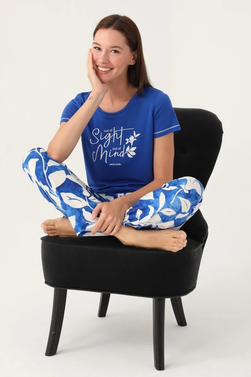 pierre cardin Summer Women's Pajama Set, 100% Cotton, Bottom Pocket and Patterned, Top Round Neck Solid Color