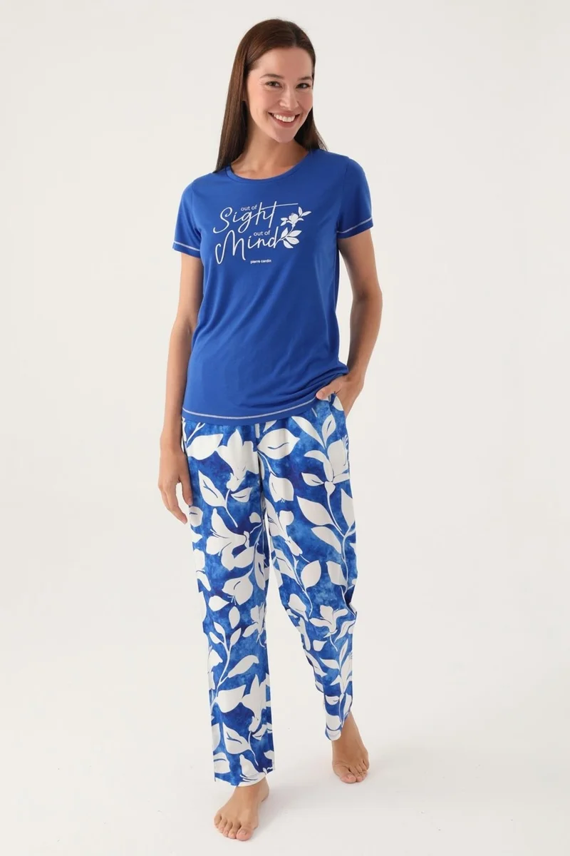 pierre cardin Summer Women's Pajama Set, 100% Cotton, Bottom Pocket and Patterned, Top Round Neck Solid Color