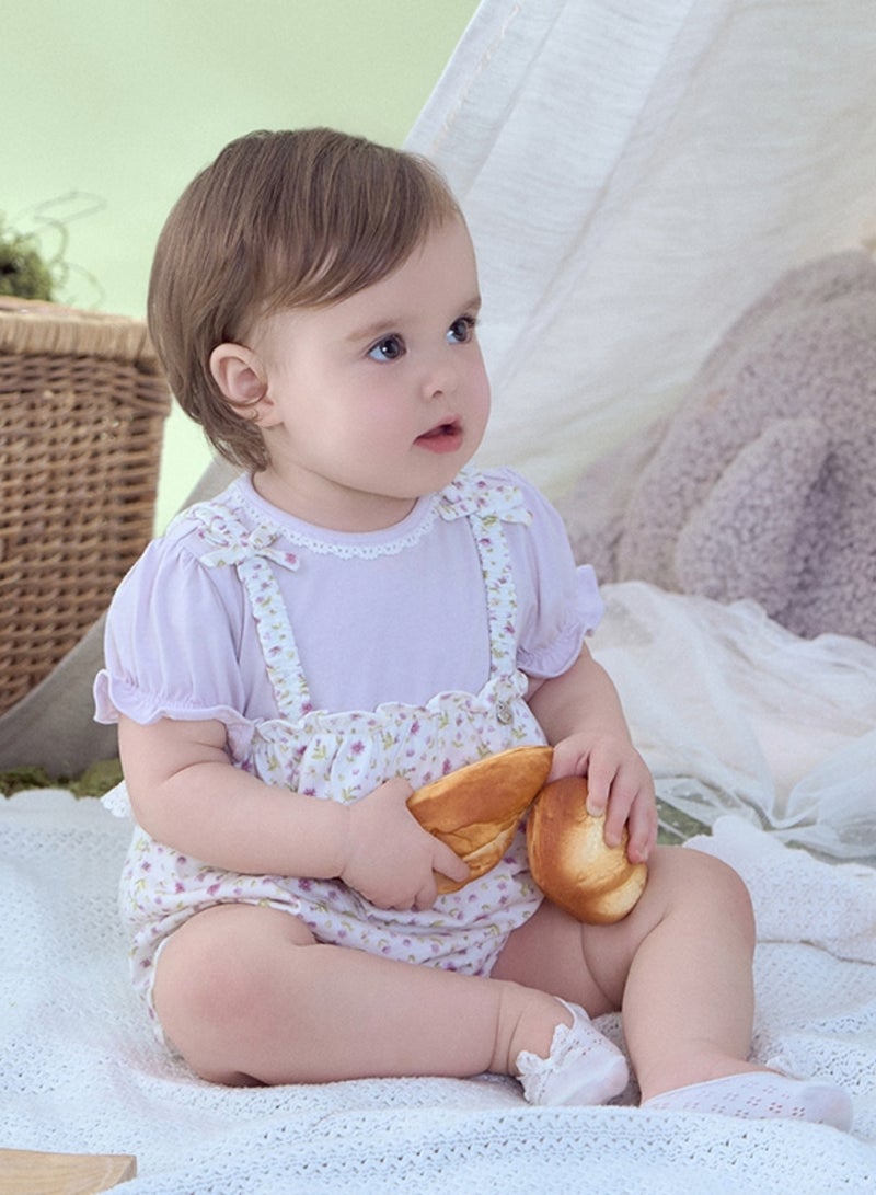 Dave & Bella Baby girl Cotton romper with lavender floral print and ruffle detail - Image 2