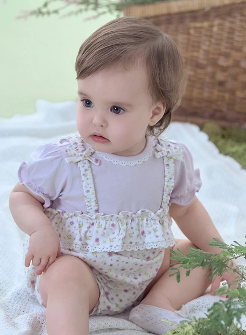 Dave & Bella Baby girl Cotton romper with lavender floral print and ruffle detail