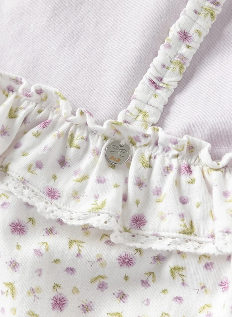 Dave & Bella Baby girl Cotton romper with lavender floral print and ruffle detail