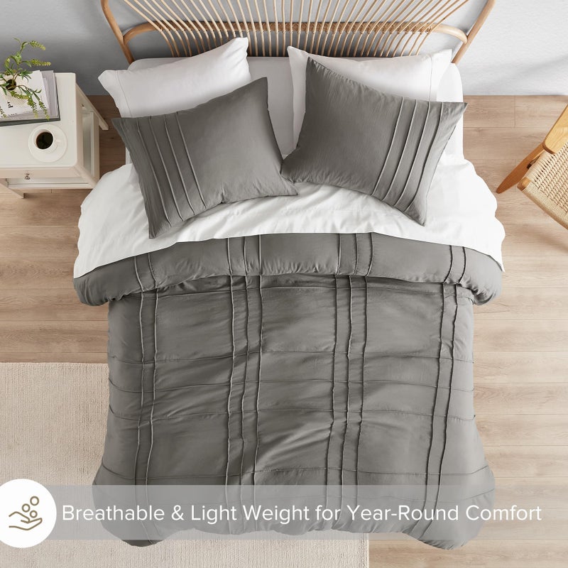 Comfort Spaces Grey King Size Duvet Cover Set - 3 Piece Pintuck Pleated Duvet Cover, All Season Lightweight, Extra Soft Pre-Washed Microfiber King Bedding Cover Shams - Image 4