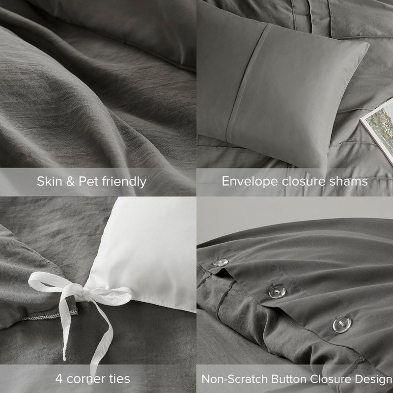 Comfort Spaces Grey King Size Duvet Cover Set - 3 Piece Pintuck Pleated Duvet Cover, All Season Lightweight, Extra Soft Pre-Washed Microfiber King Bedding Cover Shams - Image 5