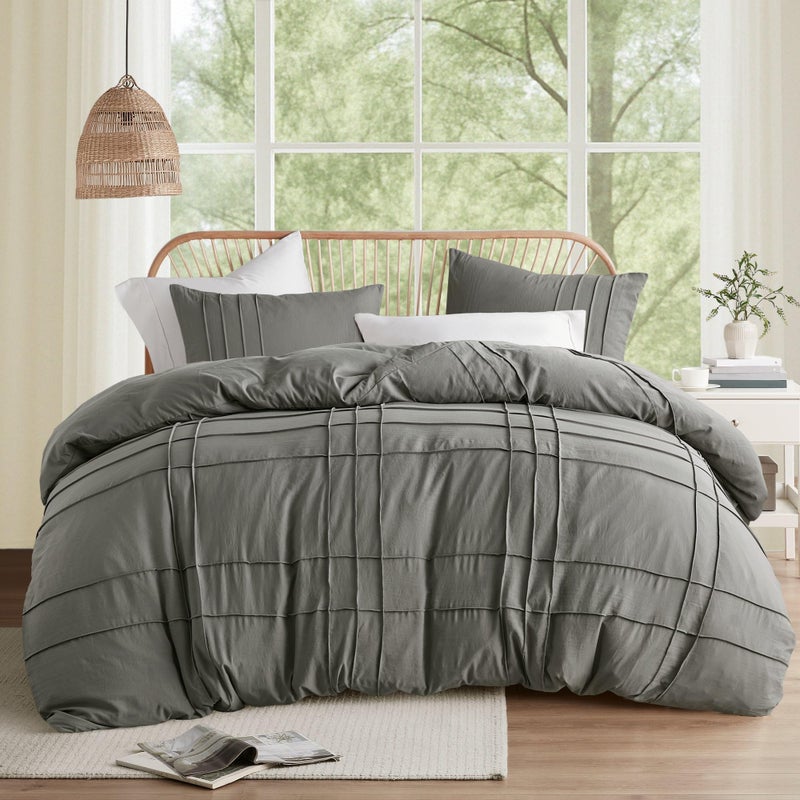 Comfort Spaces Grey King Size Duvet Cover Set - 3 Piece Pintuck Pleated Duvet Cover, All Season Lightweight, Extra Soft Pre-Washed Microfiber King Bedding Cover Shams - Image 1