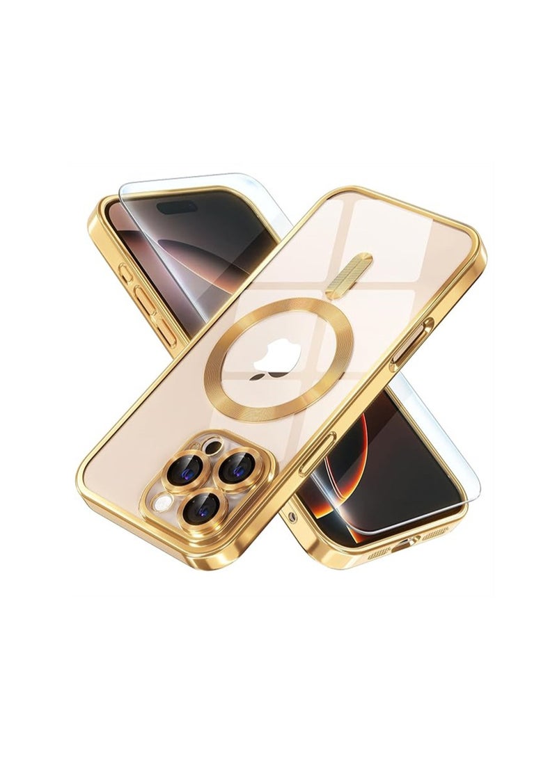 WRISTWISE iPhone 16 Pro Max Case with Tempered Glass Screen Protector (1 Pcs),  Never Yellow,  Military Grade Drop-Proof, Full Camera Lens Protection Electroplating Soft Transparent Case for Women Girls, Gold - Image 1
