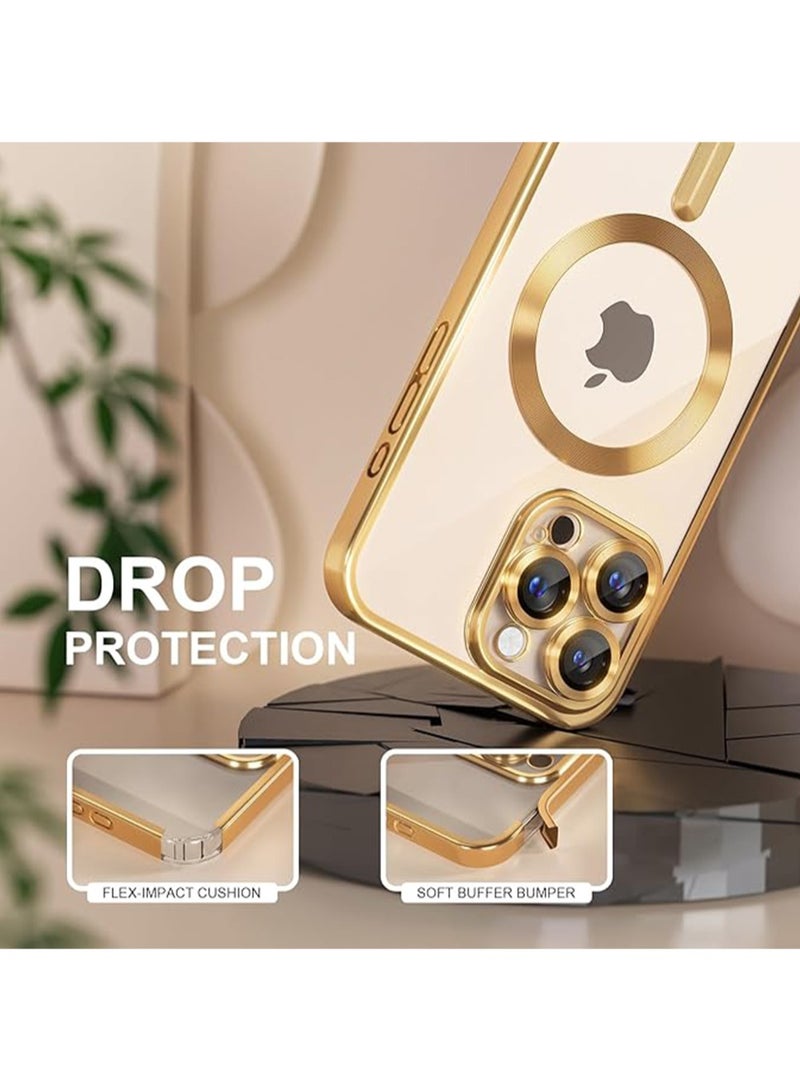 WRISTWISE iPhone 16 Pro Max Case with Tempered Glass Screen Protector (1 Pcs),  Never Yellow,  Military Grade Drop-Proof, Full Camera Lens Protection Electroplating Soft Transparent Case for Women Girls, Gold - Image 2