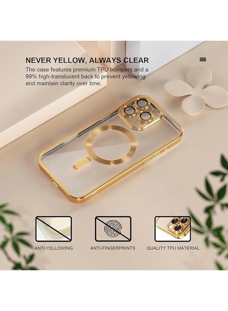 WRISTWISE iPhone 16 Pro Max Case with Tempered Glass Screen Protector (1 Pcs),  Never Yellow,  Military Grade Drop-Proof, Full Camera Lens Protection Electroplating Soft Transparent Case for Women Girls, Gold - Image 3