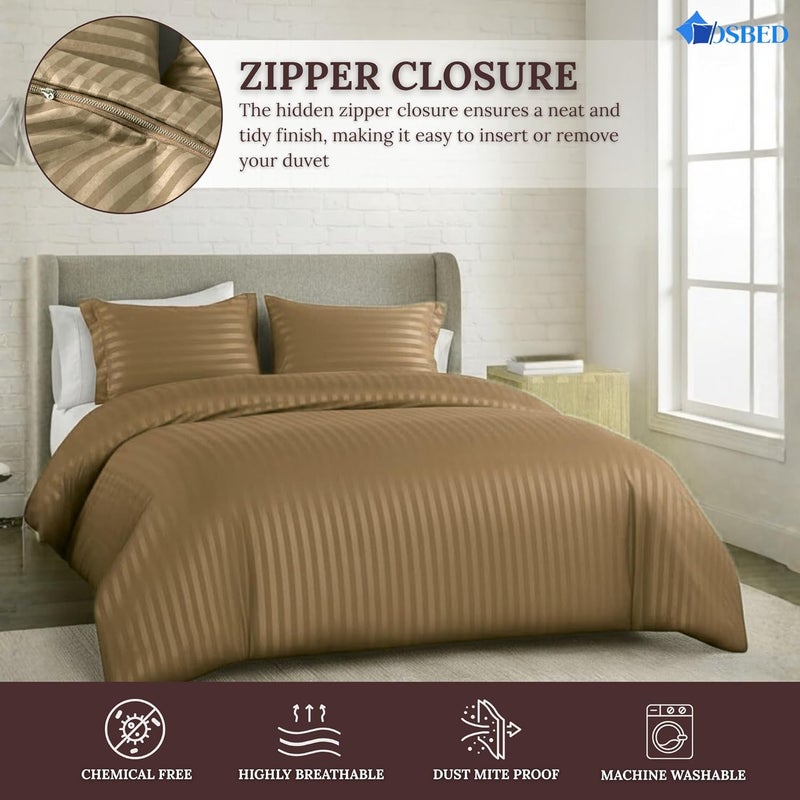 OSBED® Stripe 3 Piece Duvet Cover Set - Hotel Style Striped Duvet Cover & 2 Pillow Shams - Breathable Microfiber Fabric - Beige, Twin XL - Image 4