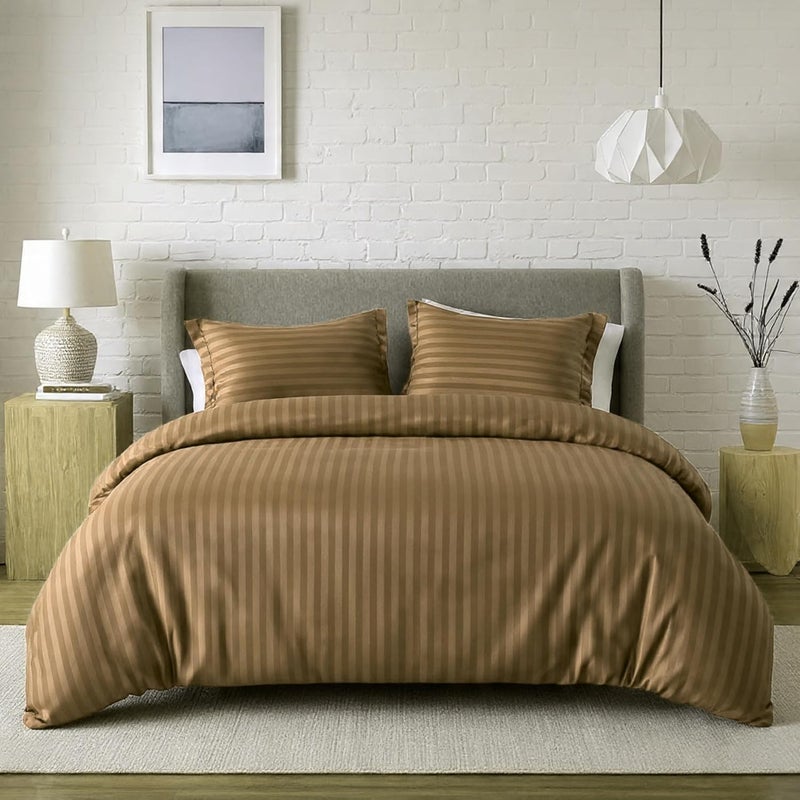 OSBED® Stripe 3 Piece Duvet Cover Set - Hotel Style Striped Duvet Cover & 2 Pillow Shams - Breathable Microfiber Fabric - Beige, Twin XL - Image 1