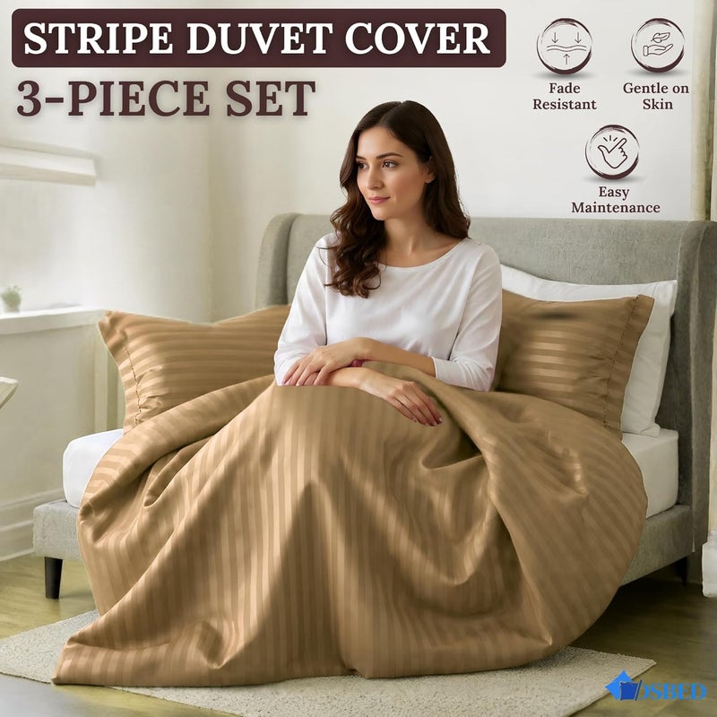 OSBED® Stripe 3 Piece Duvet Cover Set - Hotel Style Striped Duvet Cover & 2 Pillow Shams - Breathable Microfiber Fabric - Beige, Twin XL - Image 3