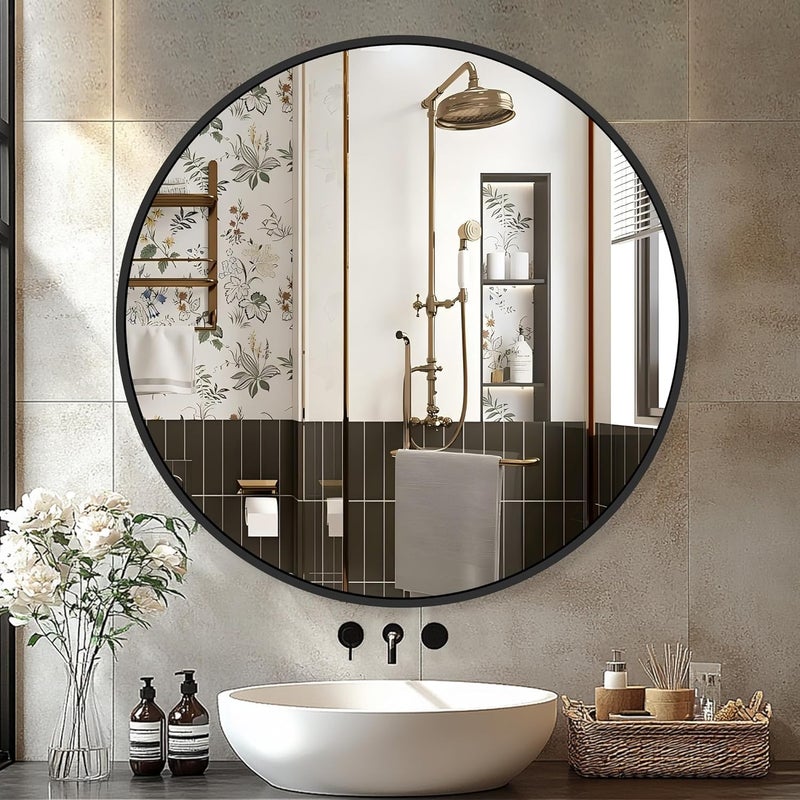 Delma Black Frame Mirror, Bathroom Mirrors for Wall,26'' Round Circle Mirror for Entryway Bedroom Vanity(26'',Black) - Image 1
