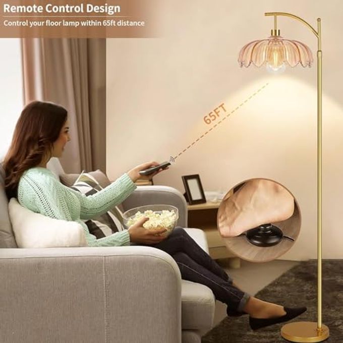 ILLMTW Gold Floor Lamp for Living Room,Bedroom,Mid Century Modern Standing Lamp with Remote,Dimmable Brass Tall Lamp Amber Glass Vintage Retro Arc Floor Lamps Flower Floor Light Boho Bohemian - Image 3