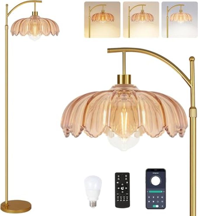 ILLMTW Gold Floor Lamp for Living Room,Bedroom,Mid Century Modern Standing Lamp with Remote,Dimmable Brass Tall Lamp Amber Glass Vintage Retro Arc Floor Lamps Flower Floor Light Boho Bohemian - Image 4
