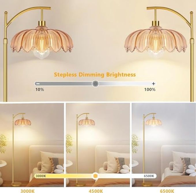 ILLMTW Gold Floor Lamp for Living Room,Bedroom,Mid Century Modern Standing Lamp with Remote,Dimmable Brass Tall Lamp Amber Glass Vintage Retro Arc Floor Lamps Flower Floor Light Boho Bohemian - Image 5