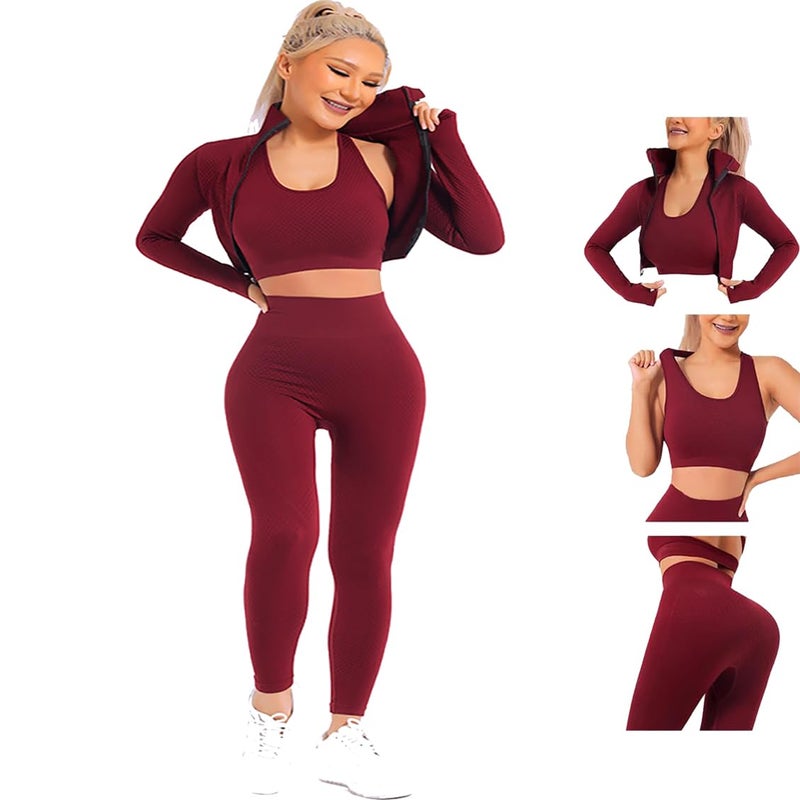 Veriliss Womens 3pcs Seamless Outfits Workout SetsGym Clothes Yoga Sportswear Leggings and Stretch Sports Bra Gym SetRedL - Image 2