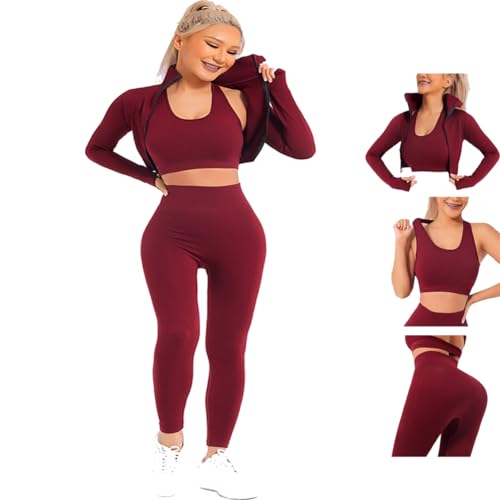 Veriliss Womens 3pcs Seamless Outfits Workout SetsGym Clothes Yoga Sportswear Leggings and Stretch Sports Bra Gym SetRedL - Image 1