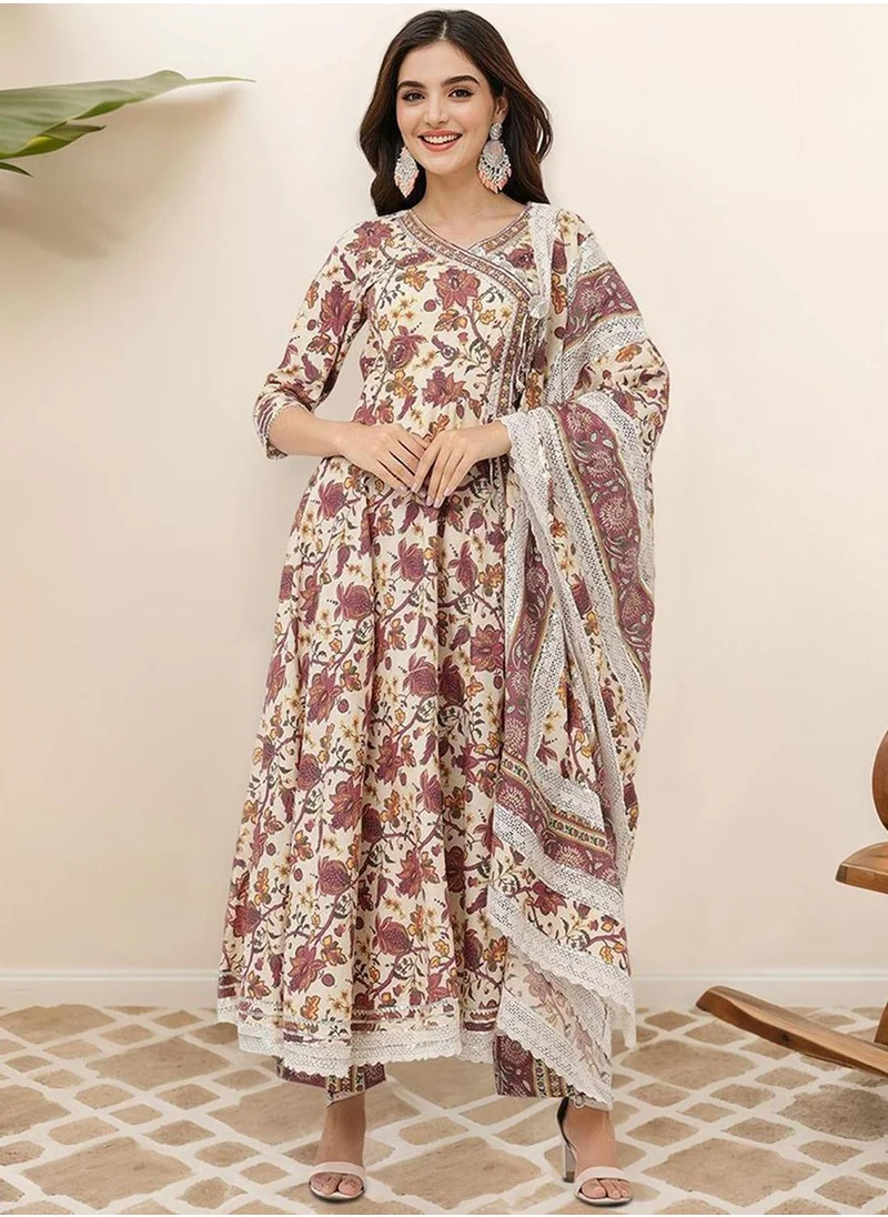 آي شين Women's Off White 100% Cotton Embellished Tunic Full Length Casual Straight Fit Kurta Set