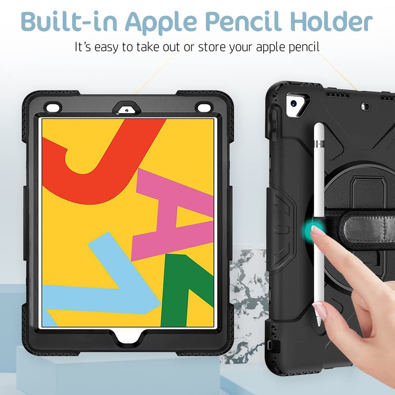Robustrion Heavy Duty Armor Case Cover for iPad 7th 8th 9th Generation Cover 10.2 inch with Pencil Holder + Handle + Shoulder Strap - Black - Image 4