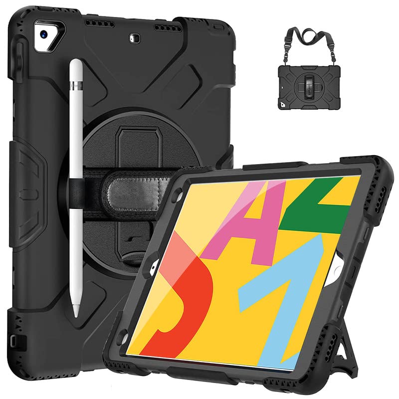 Robustrion Heavy Duty Armor Case Cover for iPad 7th 8th 9th Generation Cover 10.2 inch with Pencil Holder + Handle + Shoulder Strap - Black - Image 1