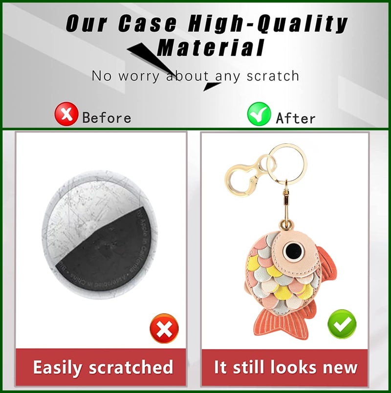 BORKUANA Leather Keychain Holder Case Compatible with AirTag,Cute Protective Cover with Keyring,Anti-Scratch Finder GPS Tracker Case for Wallet Keys,Bag,Pets(Goldfish B) - Image 3