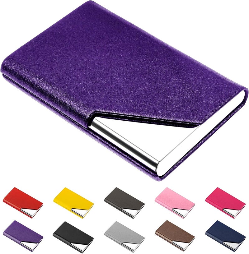 Padike Business Card Holder, Upgraded Leather Business Card Case Pocket Card Holders for Men or Women, Metal Slim Name Card Holder RFID Blocking Business Card Carrier with Magnetic Closure(Purple) - Image 1