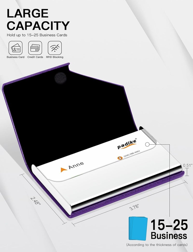 Padike Business Card Holder, Upgraded Leather Business Card Case Pocket Card Holders for Men or Women, Metal Slim Name Card Holder RFID Blocking Business Card Carrier with Magnetic Closure(Purple) - Image 4