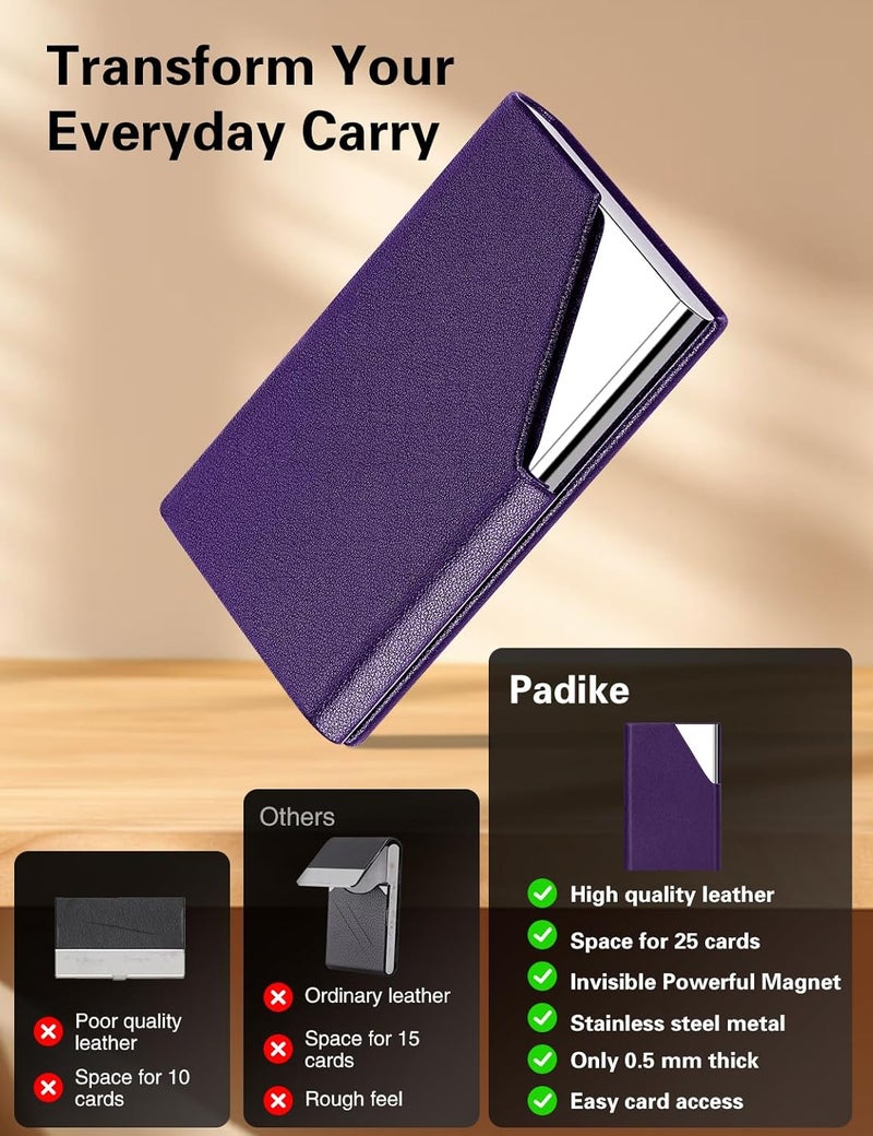 Padike Business Card Holder, Upgraded Leather Business Card Case Pocket Card Holders for Men or Women, Metal Slim Name Card Holder RFID Blocking Business Card Carrier with Magnetic Closure(Purple) - Image 2