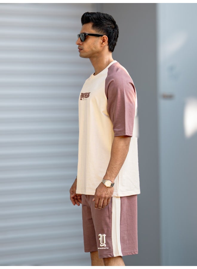Maniac Maniac Mens Young Printed Round Neck Half Sleeve Madness Beige and Onion Cotton Tracksuit  - Image 3