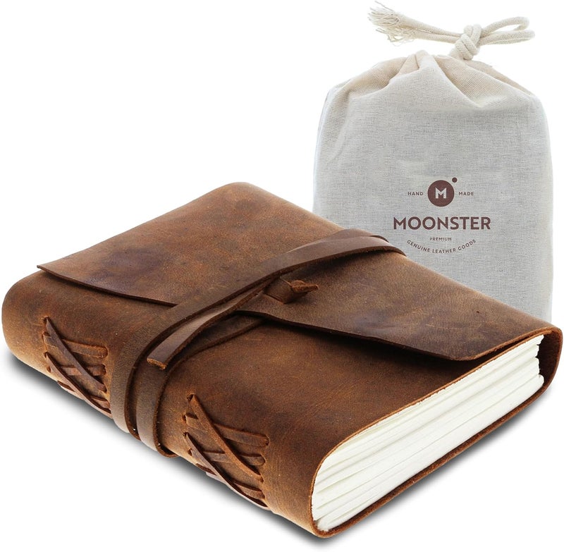 Moonster Leather Journal for Men - Handmade Vintage Journals Women, Mens Journal for Writing, Leather Bound Journal Drawing Sketchbook, Small Leather Notebook Journal, Unlined Travel Journal Leather - Image 1
