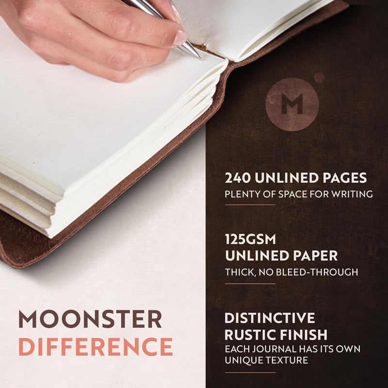 Moonster Leather Journal for Men - Handmade Vintage Journals Women, Mens Journal for Writing, Leather Bound Journal Drawing Sketchbook, Small Leather Notebook Journal, Unlined Travel Journal Leather - Image 2