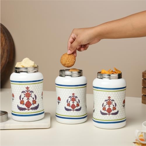 dudki Carnation Flower Tulip Stainless Steel Airtight Dry Fruit Canister | Stainless Steel Round Canister For Snacks | Set Of 3 (Carnation Flower-White) 1300Ml - Image 2