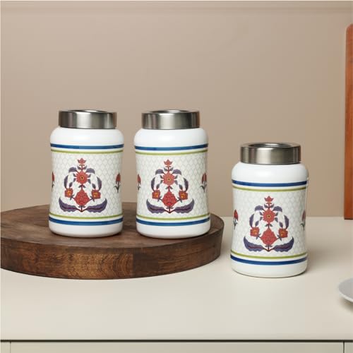 dudki Carnation Flower Tulip Stainless Steel Airtight Dry Fruit Canister | Stainless Steel Round Canister For Snacks | Set Of 3 (Carnation Flower-White) 1300Ml - Image 1
