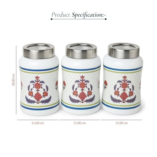 dudki Carnation Flower Tulip Stainless Steel Airtight Dry Fruit Canister | Stainless Steel Round Canister For Snacks | Set Of 3 (Carnation Flower-White) 1300Ml - Image 4