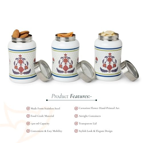 dudki Carnation Flower Tulip Stainless Steel Airtight Dry Fruit Canister | Stainless Steel Round Canister For Snacks | Set Of 3 (Carnation Flower-White) 1300Ml - Image 5