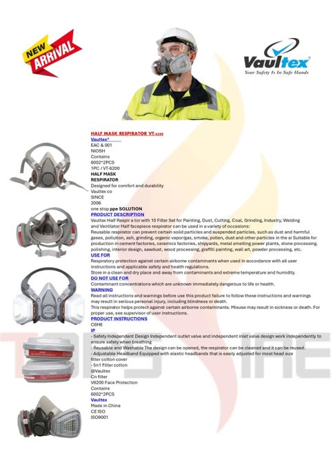 Half face mask respirator VT-6200 Vaultex with filters