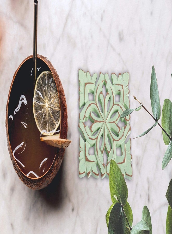Palais Essentials Farmhouse Decor Wood Coasters for Drinks - Kitchen Table Drink Coaster Set of 4 (Square Carved Blossom Sage Green) - Image 3