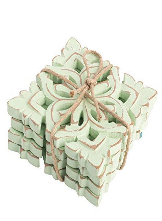 Palais Essentials Farmhouse Decor Wood Coasters for Drinks - Kitchen Table Drink Coaster Set of 4 (Square Carved Blossom Sage Green) - Image 1