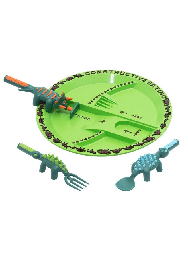 Constructive Eating Plate And Utensils Set Dinosaur Made In Usa Toddler Dinnerware Kids Dinnerware And Utensils Set For Ages 13 Toddler Utensils 2 And 3 Year Old Divided Toddler Plates - Image 1